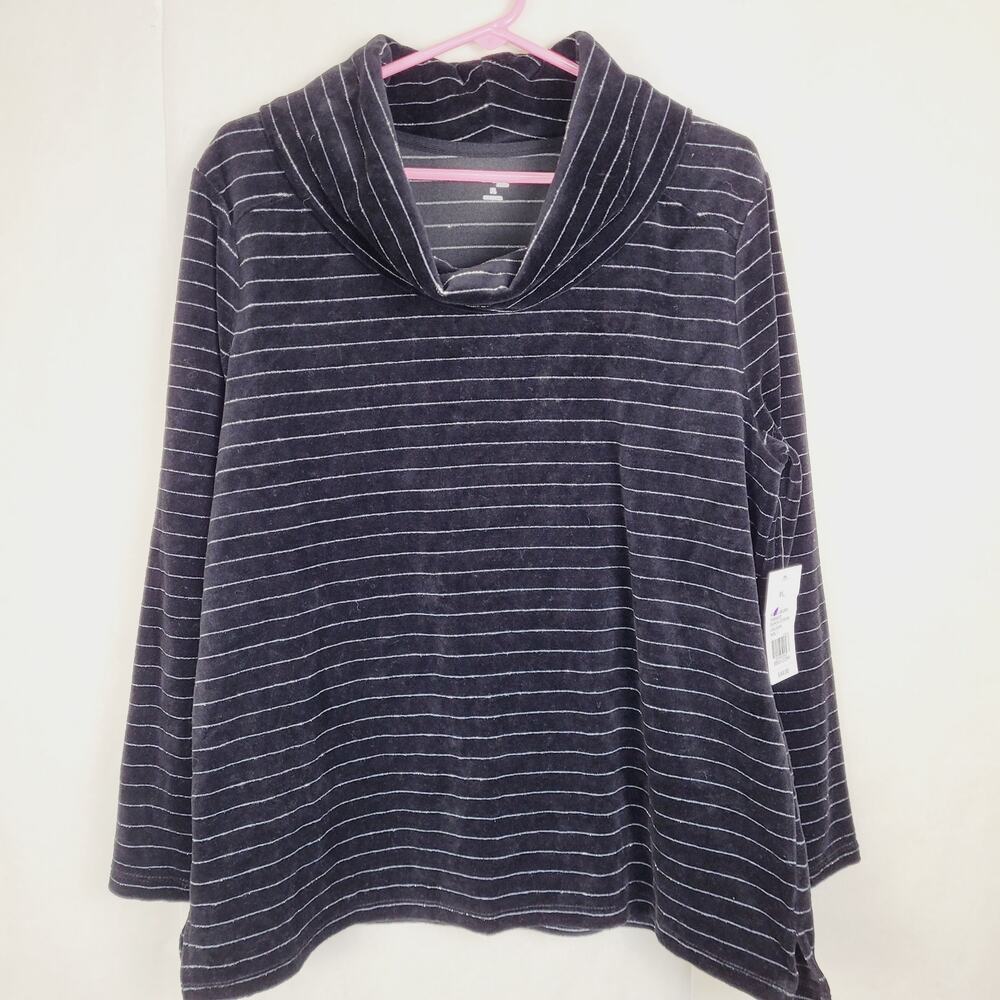 New Kim Rogers black velour silver striped cowl neck top Size L Petite Glam